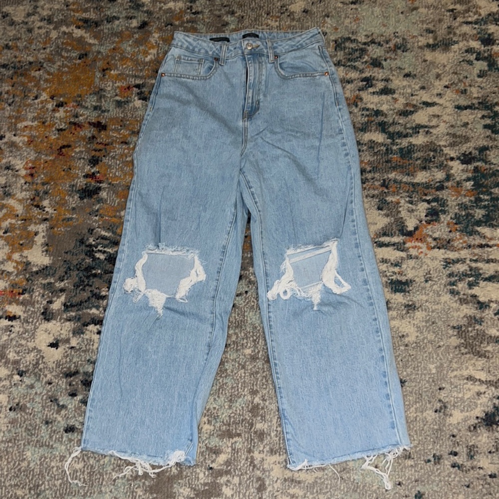 light blue denim ripped jeans - size 6 - high rise baggy - raw hem